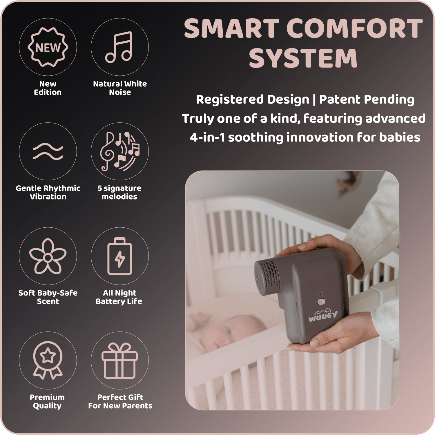 Wuugy Melody - 2025 Portable Smart Baby Sleep Assistant - Rhythmic Vibration, White Noise, Sleep Sounds & Air Filter