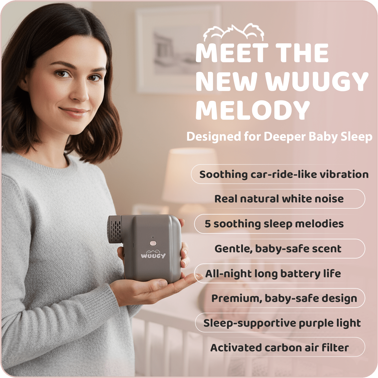 Wuugy Melody - 2025 Portable Smart Baby Sleep Assistant - Rhythmic Vibration, White Noise, Sleep Sounds & Air Filter